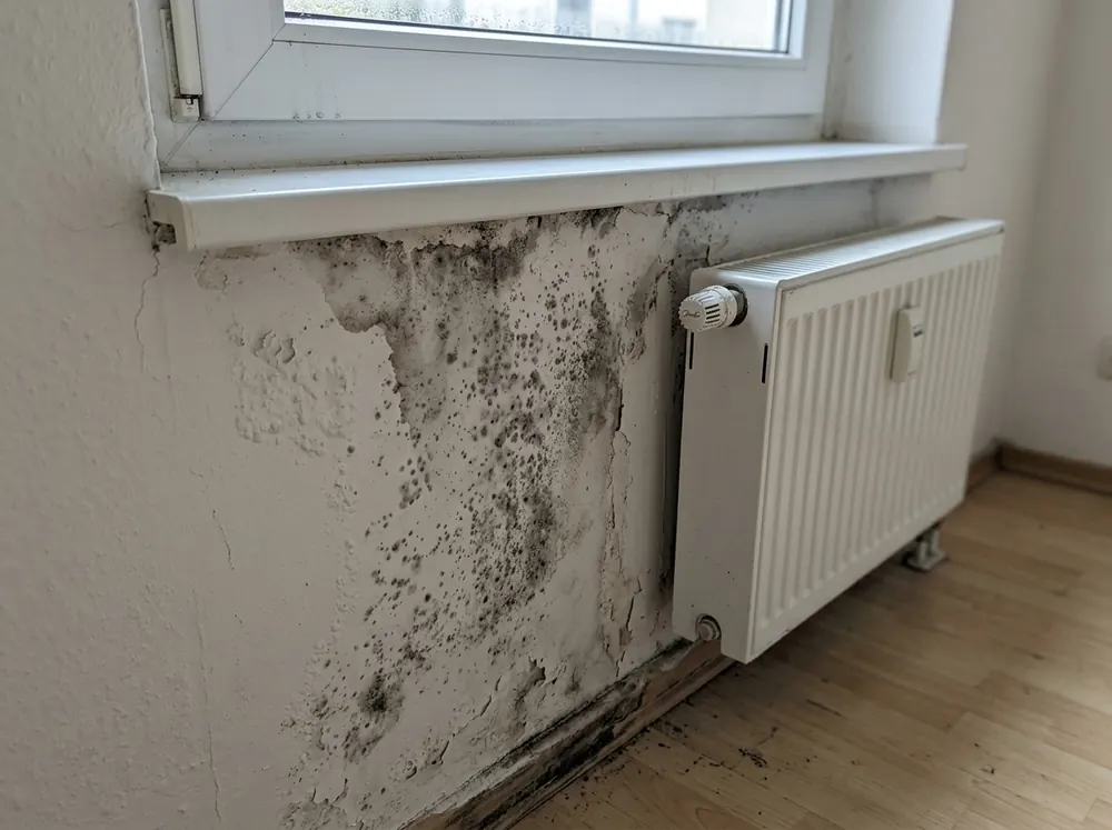 Feuchte Wandecke mit Schimmelflecken unter einem Fenster