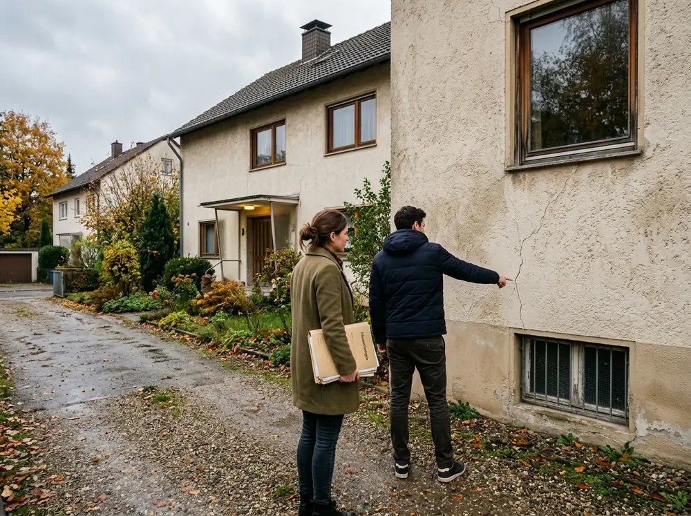 Paar vor einem älteren Einfamilienhaus, der Mann zeigt auf einen Riss in der Fassade