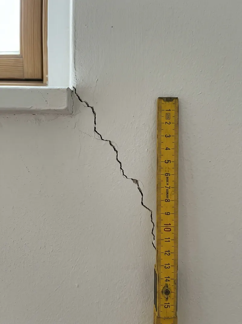Treppenförmiger Riss an einer Fensterecke, daneben ein Zollstock als Maßstab